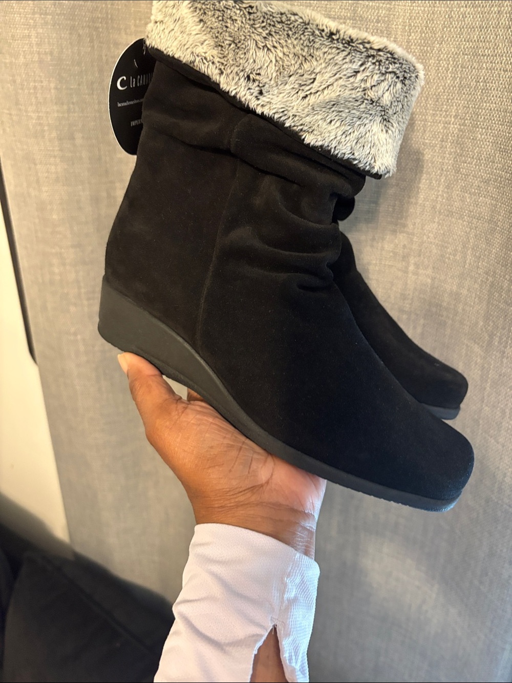 La CANADIENNE Black Suede Wedge Ankle Booties with Faux Fur Cuff
